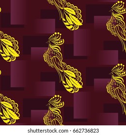 Beautiful colorful rooster. Endless pattern. Background Fantastic Beasts.