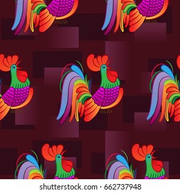 Beautiful colorful rooster. Endless pattern. Background Fantastic Beasts.