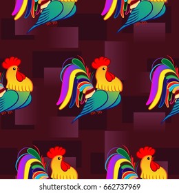 Beautiful colorful rooster. Endless pattern. Background Fantastic Beasts.
