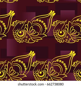 Beautiful colorful rooster. Endless pattern. Background Fantastic Beasts.