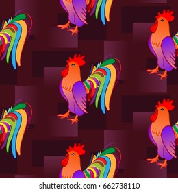 Beautiful colorful rooster. Endless pattern. Background Fantastic Beasts.