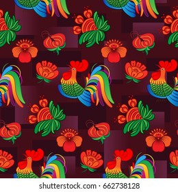 Beautiful colorful rooster. Endless pattern. Background Fantastic Beasts.