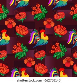 Beautiful colorful rooster. Endless pattern. Background Fantastic Beasts.