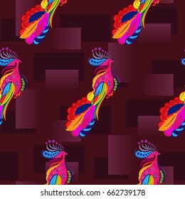 Beautiful colorful rooster. Endless pattern. Background Fantastic Beasts.