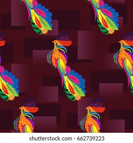 Beautiful colorful rooster. Endless pattern. Background Fantastic Beasts.