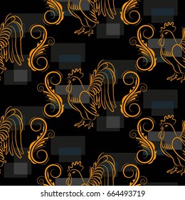 Beautiful colorful rooster. Endless pattern. Background Fantastic Beasts.