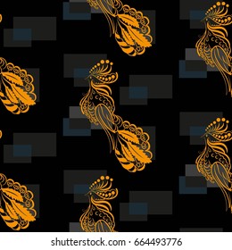 Beautiful colorful rooster. Endless pattern. Background Fantastic Beasts.