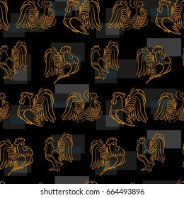Beautiful colorful rooster. Endless pattern. Background Fantastic Beasts.