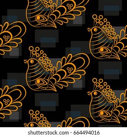 Beautiful colorful rooster. Endless pattern. Background Fantastic Beasts.