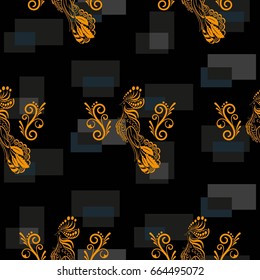 Beautiful colorful rooster. Endless pattern. Background Fantastic Beasts.