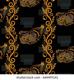 Beautiful colorful rooster. Endless pattern. Background Fantastic Beasts.