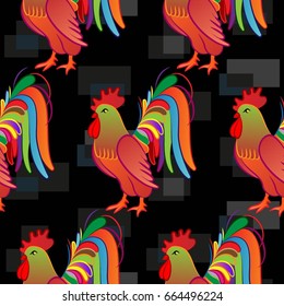 Beautiful colorful rooster. Endless pattern. Background Fantastic Beasts.