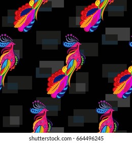 Beautiful colorful rooster. Endless pattern. Background Fantastic Beasts.