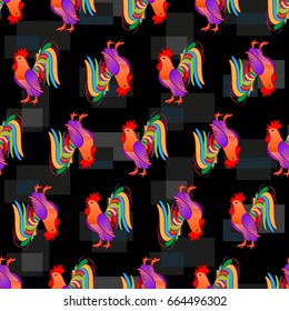Beautiful colorful rooster. Endless pattern. Background Fantastic Beasts.