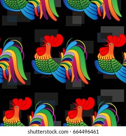 Beautiful colorful rooster. Endless pattern. Background Fantastic Beasts.