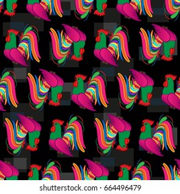 Beautiful colorful rooster. Endless pattern. Background Fantastic Beasts.