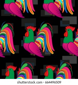 Beautiful colorful rooster. Endless pattern. Background Fantastic Beasts.