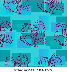 Beautiful colorful rooster. Endless pattern. Background Fantastic Beasts.