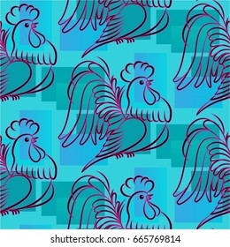 Beautiful colorful rooster. Endless pattern. Background Fantastic Beasts.