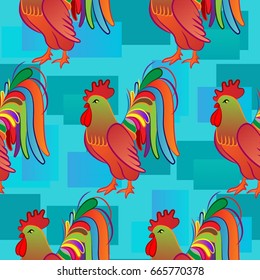Beautiful colorful rooster. Endless pattern. Background Fantastic Beasts.