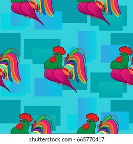 Beautiful colorful rooster. Endless pattern. Background Fantastic Beasts.