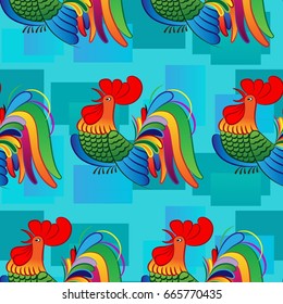 Beautiful colorful rooster. Endless pattern. Background Fantastic Beasts.