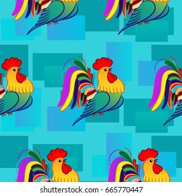 Beautiful colorful rooster. Endless pattern. Background Fantastic Beasts.