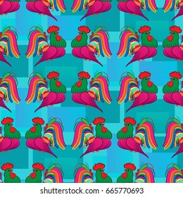 Beautiful colorful rooster. Endless pattern. Background Fantastic Beasts.
