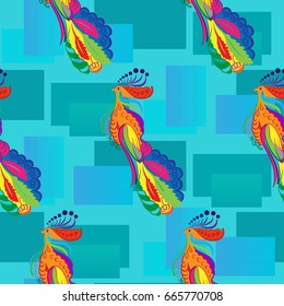Beautiful colorful rooster. Endless pattern. Background Fantastic Beasts.
