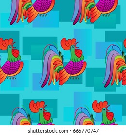 Beautiful colorful rooster. Endless pattern. Background Fantastic Beasts.