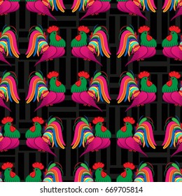 Beautiful colorful rooster. Endless pattern. Background Fantastic Beasts.