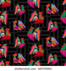 Beautiful colorful rooster. Endless pattern. Background Fantastic Beasts.