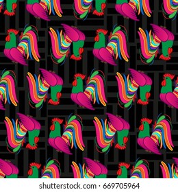 Beautiful colorful rooster. Endless pattern. Background Fantastic Beasts.