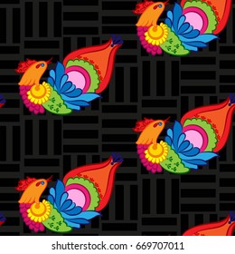 Beautiful colorful rooster. Endless pattern. Background Fantastic Beasts.