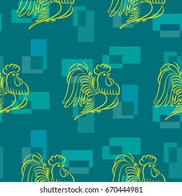 Beautiful colorful rooster. Endless pattern. Background Fantastic Beasts.