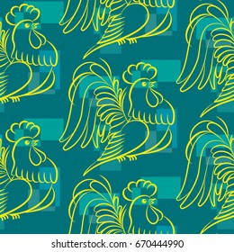 Beautiful colorful rooster. Endless pattern. Background Fantastic Beasts.
