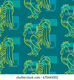 Beautiful colorful rooster. Endless pattern. Background Fantastic Beasts.