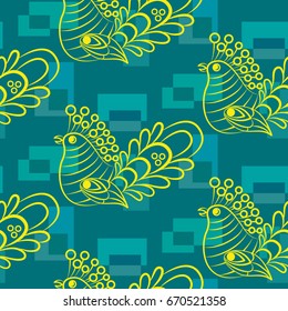 Beautiful colorful rooster. Endless pattern. Background Fantastic Beasts.