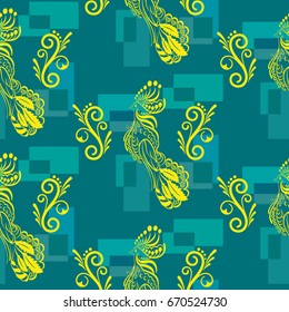 Beautiful colorful rooster. Endless pattern. Background Fantastic Beasts.