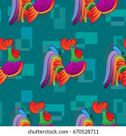 Beautiful colorful rooster. Endless pattern. Background Fantastic Beasts.