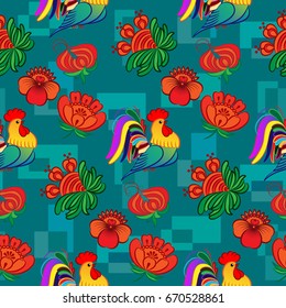 Beautiful colorful rooster. Endless pattern. Background Fantastic Beasts.
