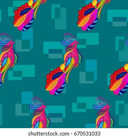Beautiful colorful rooster. Endless pattern. Background Fantastic Beasts.