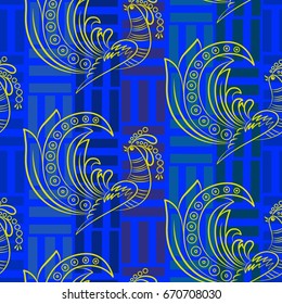 Beautiful colorful rooster. Endless pattern. Background Fantastic Beasts.