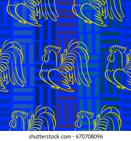Beautiful colorful rooster. Endless pattern. Background Fantastic Beasts.