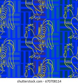Beautiful colorful rooster. Endless pattern. Background Fantastic Beasts.