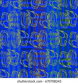 Beautiful colorful rooster. Endless pattern. Background Fantastic Beasts.