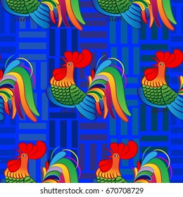 Beautiful colorful rooster. Endless pattern. Background Fantastic Beasts.