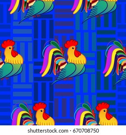 Beautiful colorful rooster. Endless pattern. Background Fantastic Beasts.