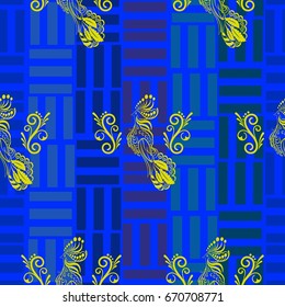 Beautiful colorful rooster. Endless pattern. Background Fantastic Beasts.