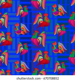 Beautiful colorful rooster. Endless pattern. Background Fantastic Beasts.